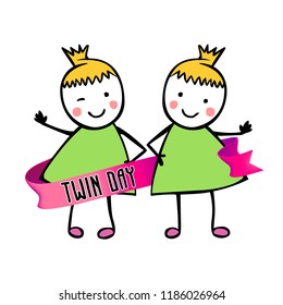 Twins day. Congratulation card with flat vector people in the children's style