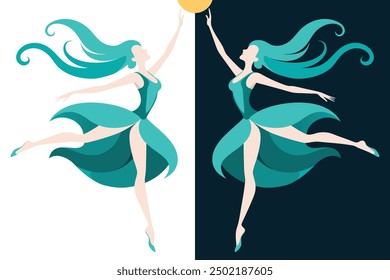 The twins elegant ballet of longing for the moon. With day and night backgrounds. Vector illustration in flat style.