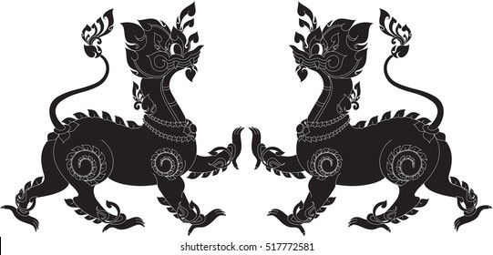 twins fantasy lions in the tale of Laos vector illustrations, tattoos, stickers, image / southeast asia art design