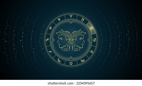 Twins Gemini Pollux-Castor Zodiac Sign, Wheel of Twelve Symbol, Horoscope and Astrology, Fortune-Telling, Stellar Backdrop Background