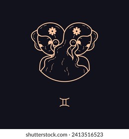 Twins or Gemini zodiac card template, line art vector illustration isolated on black background. Horoscope and astrological fortune telling card for Gemini.