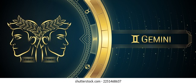 Signo Gemini de estrella planetaria Zodiac, fondo de símbolo, astrología de horóscopo y teloneo de fortuna, cartel de fondo Tarot-Reading.