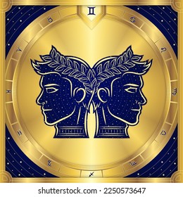 Twins Gemini Zodiac Sign, Classic Luxury Golden Greek Meander, Stellar Star Sign, Horoscope Astrology Fortune-Telling and Future Prediction, Element Badge Icon Vector Design Illustration.