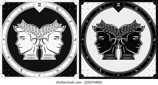 Twins Gemini Zodiac Sign, Classic Greek Meander Black-White Silhouette, Stellar Star Sign, Horoscope Astrology Fortune-Telling and Future Prediction, Badge Icon Vector Design Illustration.