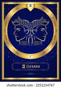 Twins Gemini Zodiac Sign and Symbol, Classic Luxury Circular Golden Greek Meander Fortune Card, Stellar Star Sign, Horoscope Astrology Fortune-Telling and Future Prediction.
