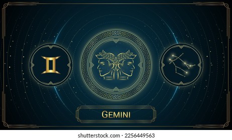 Twins Gemini Zodiac Sign, Symbol, Stellar Star Constellation, Classic Greek Meander Wheel, Horoscope and Astrology, Fortune-Telling, Stellar Backdrop Background