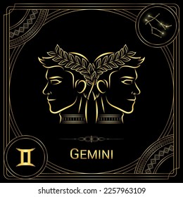 Twins Gemini Zodiac Sign, Symbol, Stellar Star Constellation, Horoscope and Astrology, Fortune-Telling Square Badge Icon Vector Illustration