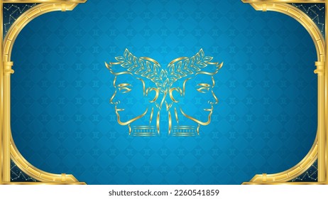 Twins Gemini Zodiac Symbol Classic Golden Ancient Greek Arch Backdrop Background Vector Illustration, Horoscope, Astrology, Fortune-Telling, Prediction