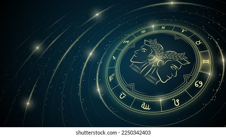 Twins Gemini Zodiac Symbol, Wheel of Twelve Sign, Star Trail, Glowing Ray of Star Light in Space, Horoscope and Astrology, Fortune-Telling, Stellar Backdrop Background Vector Illustration.