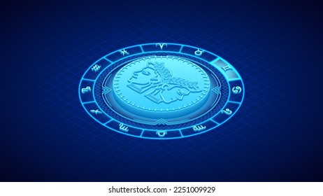 Twins Gemini Zodiac Symbol, Wheel of Twelve-Sign, Neon Glow Isometric Bas-Relief Sculpture, Horoscope and Astrology Element for Fortune-Telling, Lattice Grid Backdrop Background.