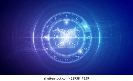 Gemini Gemini Signo de estrella de la rueda zodiaca Holograma futurista Neon Glow Cybernetic Digital Translucent Horoscopio, Astrología y Fortune Telling Fondo Ilustración