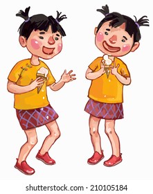 Twins girl having ice-cream. Children illustration for School books, magazines, advertising and more. Separate Objects. VECTOR.