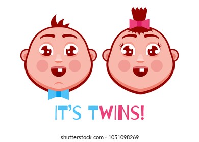 It's a twins greeting card. Boy and Girl. Baby shower. Vector illustration