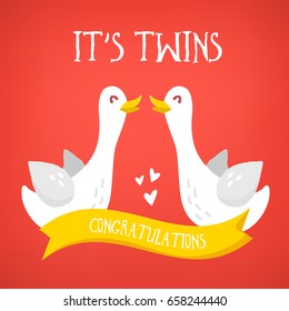 It's Twins. Happy birthday card with cute cartoon geese and ribbon congratulations. Flat design. Vector illustration.