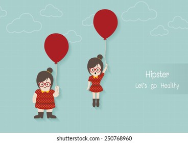 Twins hipster lady with balloon vector cartoon.