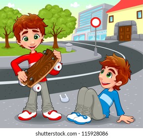 Twins with an homemade skateboard. Vector and cartoon illustration.