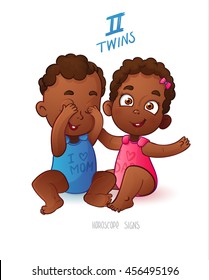 Twins horoscope sign. Two African American cartoon babies boys playing each other.  Horoscope sign Twins