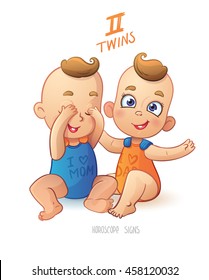 Twins horoscope sign. Two cartoon baby boys playing each other.  Twins zodiac sign.