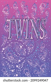 Twins with the male and female symbols bubbling under water in mauve shades and blue