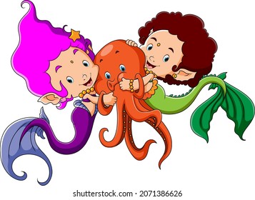 The twins mermaid are hugging the octopus of illustration