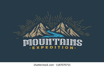 Twins Mountains with river label in dark background template