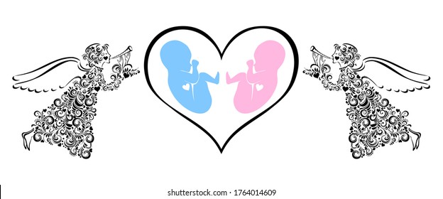 it's twins! Multiple pregnancy. Monozygotic twins (embryos). Design element for pregnancy theme. Maternity, motherhood, baby.  Baby Desire. Fetus. Human fetus inside the womb. Heart. Vector