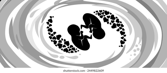 it's twins! Multiple pregnancy. Monozygotic twins (embryos). Design element for pregnancy theme. Maternity, motherhood, baby.  Baby Desire.  Fetus.  Vector illustration