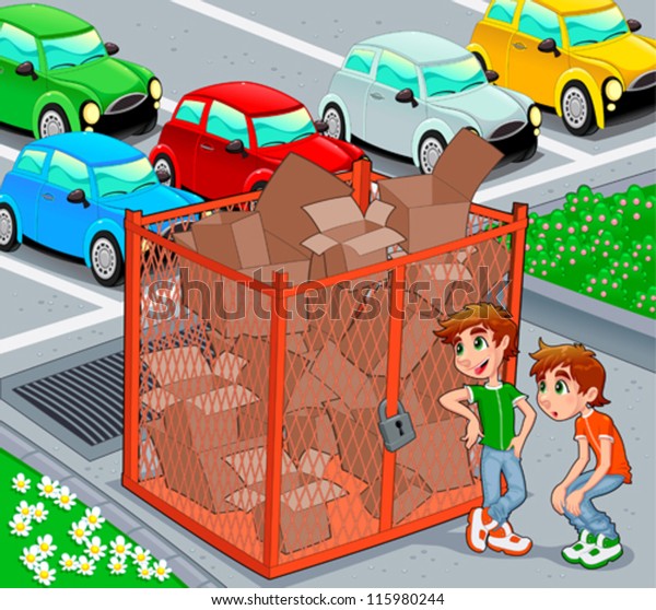 Twins are near a recycling cage.  Vector\
and cartoon\
illustration.