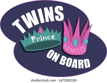 Twins on board. Two crowns in defferent colors with title prince and princess. Vector illustration. Sticker for a car.