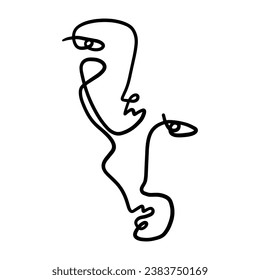 Zwirn eine Linie Gemini minimalistisches Pinselgrunge abstraktes Gesicht. Vektorgrafik. Moderne zeitgenössische Kunst, trendige kontinuierliche Zeichnung. Kubismus künstlerisches lineares Porträt. Einfach minimales Schönheitslogo oder