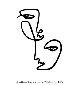 Twins one line Gemini minimalistic brush grunge abstract face. Vector illustration. Modern contemporary art, trendy continuous drawing. Cubism artistic linear portrait. Simple minimal beauty logo or