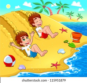 Twins are playing on the beach. Vector and cartoon illustration.