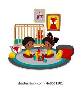 Twins playing with toys at children's room. Vector illustration of child. Characters in cartoon flat style.