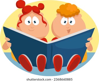 Gemelos leyendo libro, ilustración, vector sobre fondo blanco.