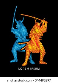 Twins Samurai Warrior with sword, designed using  fire and ice line brush graphic vector.