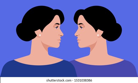 Twins sisters - Portrait of two identical women look at each other. Two beautiful girls on a blue background. Vector modern illustration. Gemini. Twins.