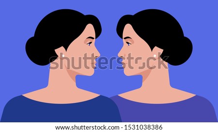 Twins sisters - Portrait of two identical women look at each other. Two beautiful girls on a blue background. Vector modern illustration. Gemini. Twins.