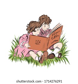 Twins sisters read book sitting on the grass. Girls preschool age. Clever children. Summer holiday. 