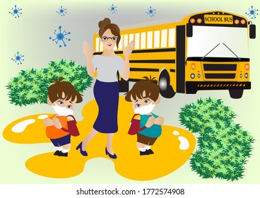 The Twin's Son Went To School After Covid 19 And Protected Himself With Mask.  School Bus And The Virus In The Air Vector Illustration