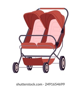 Twins stroller. Cartoon baby double pushchair, twins toddlers safety transports for outdoor walking flat vector illustration. Baby wheeled pramsuit on white