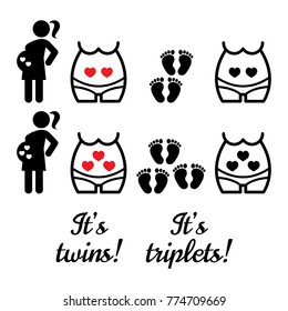 Twins, Triplets Baby Shower Vector Icons, Multiple Pregnancy Design, Pregnant Woman With Babies In Her Belly.
Pregnancy Icon Collection, It's Twins, It's Triples Cute Graphics In Black On White 