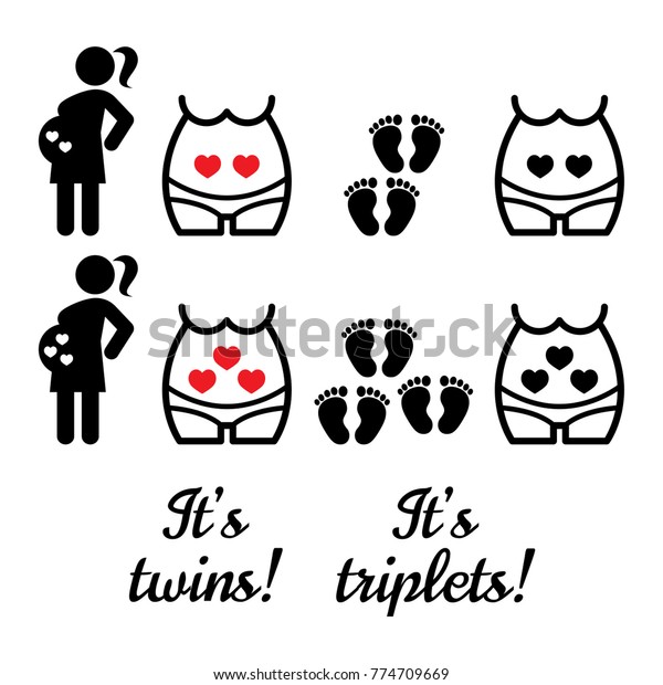 Twins, triplets baby shower vector icons, multiple\
pregnancy design, pregnant woman with babies in her\
belly.\
Pregnancy icon collection, it\'s twins, it\'s triples cute\
graphics in black on white\
