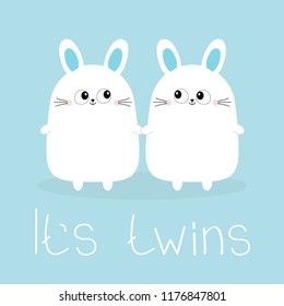 Its twins. Two boys. Cute twin bunny rabbit set holding hands. Hare head couple family icon. Cute cartoon funny smiling character set. Blue background. Isolated. Flat design. Vector illustration