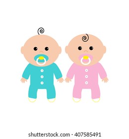 Twins Two cute twin babies on white background. Baby girl and a baby boy. Funny character set. Isolated. Flat design Vector illustration