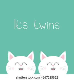 Its twins Two cute twin cats. Cat head couple family icon. Cute cartoon funny character set. Green background. Isolated. Flat design Vector illustration