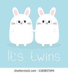 Its twins. Two girls. Cute twin bunny rabbit set holding hands. Hare head couple family icon. Cute cartoon funny smiling character set. Blue background. Isolated. Flat design. Vector illustration