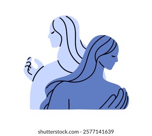 Twins, two sisters. Female couple, women, feminine girls silhouettes. Gemini zodiac sign avatar. Split personality, psychology shadow concept. Flat vector illustration isolated on white background