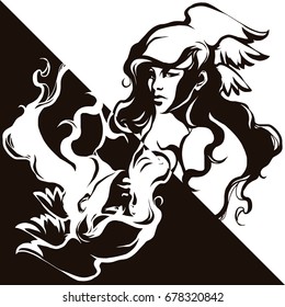 Twins Valkyrie with curly hair and wings. Beautiful woman portrait. Vector illustration.
