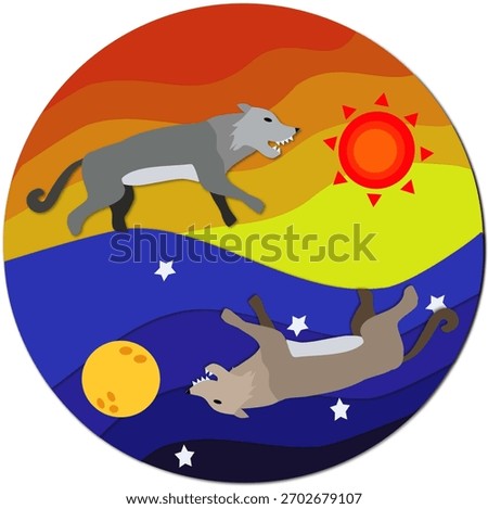 Twins Wolf (Skoll and Hati) Chasing the Sun and Moon with Paper Layered Art Style Vector 