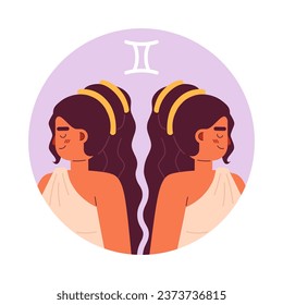 Twins woman gemini zodiac flat round vector spot illustration. Attractive women 2D cartoon character on white for web UI design. Astrology isolated editable creative hero image
